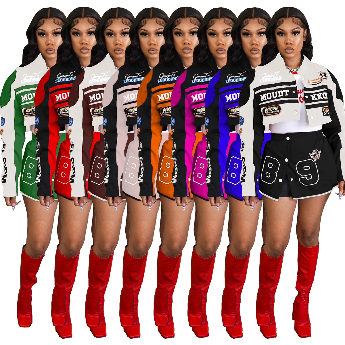 IMIEMIE Cropped Jacket 2 Piece Skirt Sets Y2K Streetwear Winter Clothes Women Cyber Racer Varsity Jackets Sexy Two Piece Skirt Sets