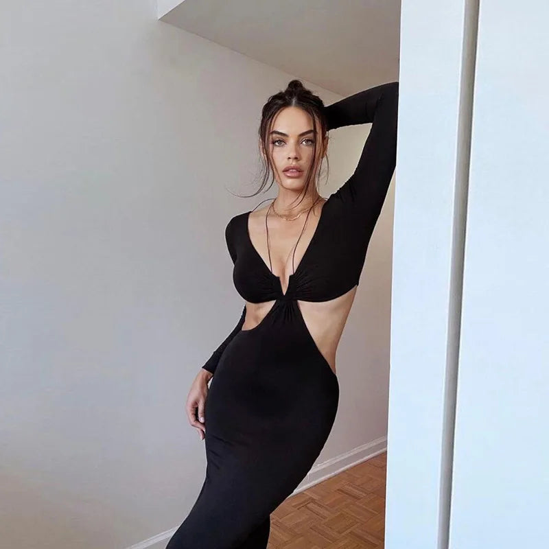 IMIEMIE Cryptographic Autumn Long Sleeve Halter Sexy Cut Out Black Maxi Dresses Slim Fashion Outfits Split Long Dresses Skinny Clothes