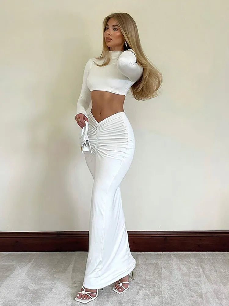 IMIEMIE Cryptographic Elegant White Long Sleeve 2 Piece Set Outfits for Women Club Party Top and Dress Sets Long Ruched Matching Sets