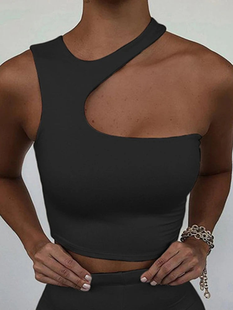 IMIEMIE Cut Out Sexy Crop Off Shoulder Solid 2024 Skinny Sport Short Tops Women Tank Irregular Summer Tube Tops