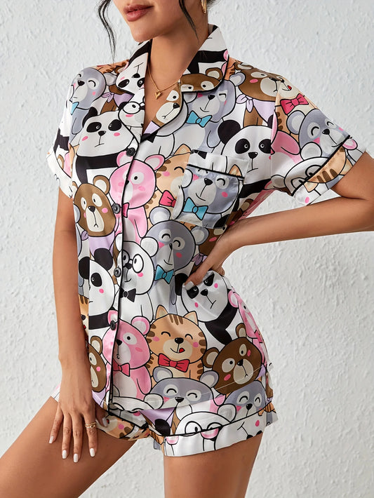 IMIEMIE Cute Cartoon Print Satin Pajama Set Short Sleeve Buttons Lapel Top & Elastic Shorts Women's Sleepwear