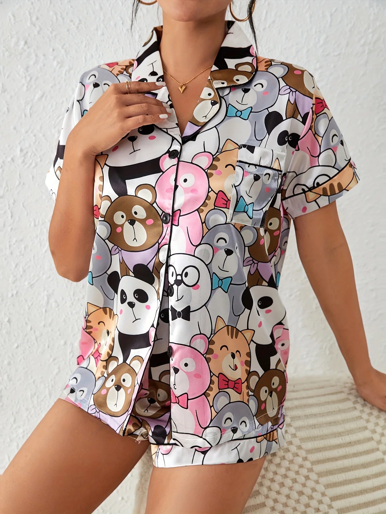 IMIEMIE Cute Cartoon Print Satin Pajama Set Short Sleeve Buttons Lapel Top & Elastic Shorts Women's Sleepwear