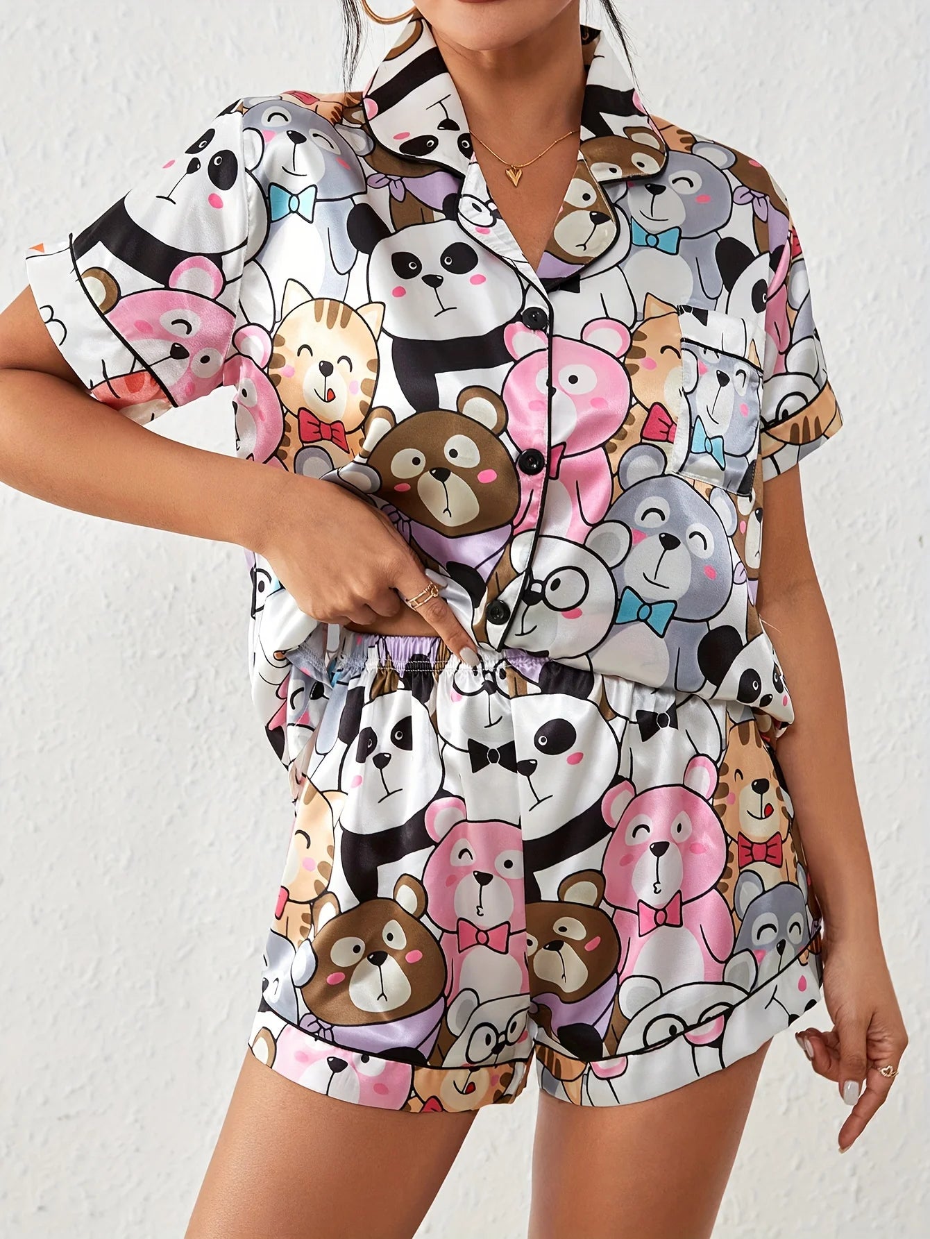 IMIEMIE Cute Cartoon Print Satin Pajama Set Short Sleeve Buttons Lapel Top & Elastic Shorts Women's Sleepwear