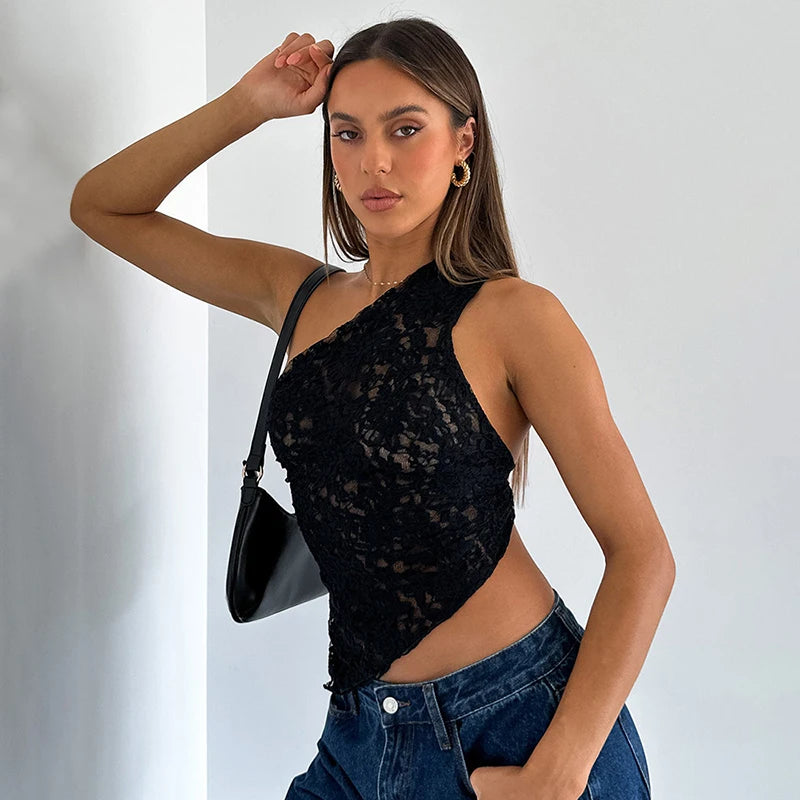 IMIEMIE Cutenova Lace Slant Neck Off Shoulder Irregular Hem Top Sexy See Through Solid Color One Shoulder Sleeveless Crop Backless Top