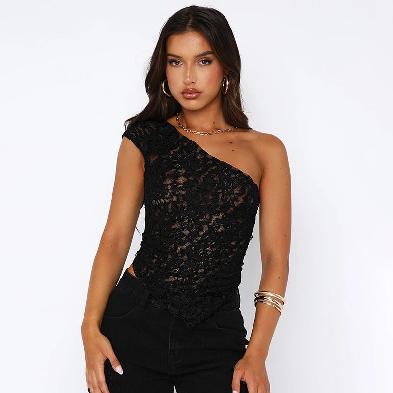 IMIEMIE Cutenova Lace Slant Neck Off Shoulder Irregular Hem Top Sexy See Through Solid Color One Shoulder Sleeveless Crop Backless Top