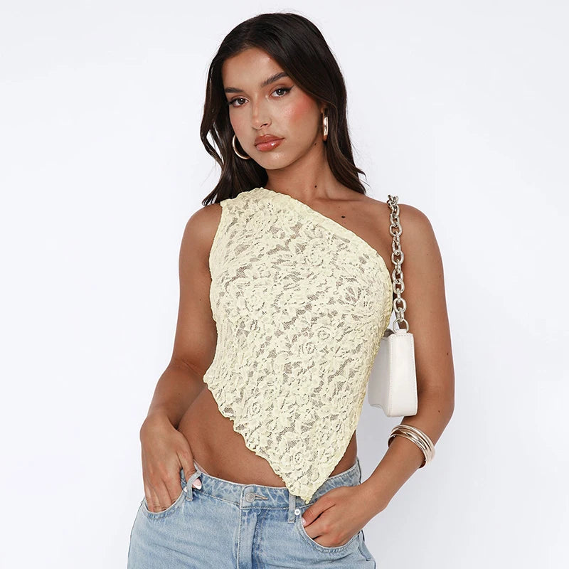 IMIEMIE Cutenova Lace Slant Neck Off Shoulder Irregular Hem Top Sexy See Through Solid Color One Shoulder Sleeveless Crop Backless Top