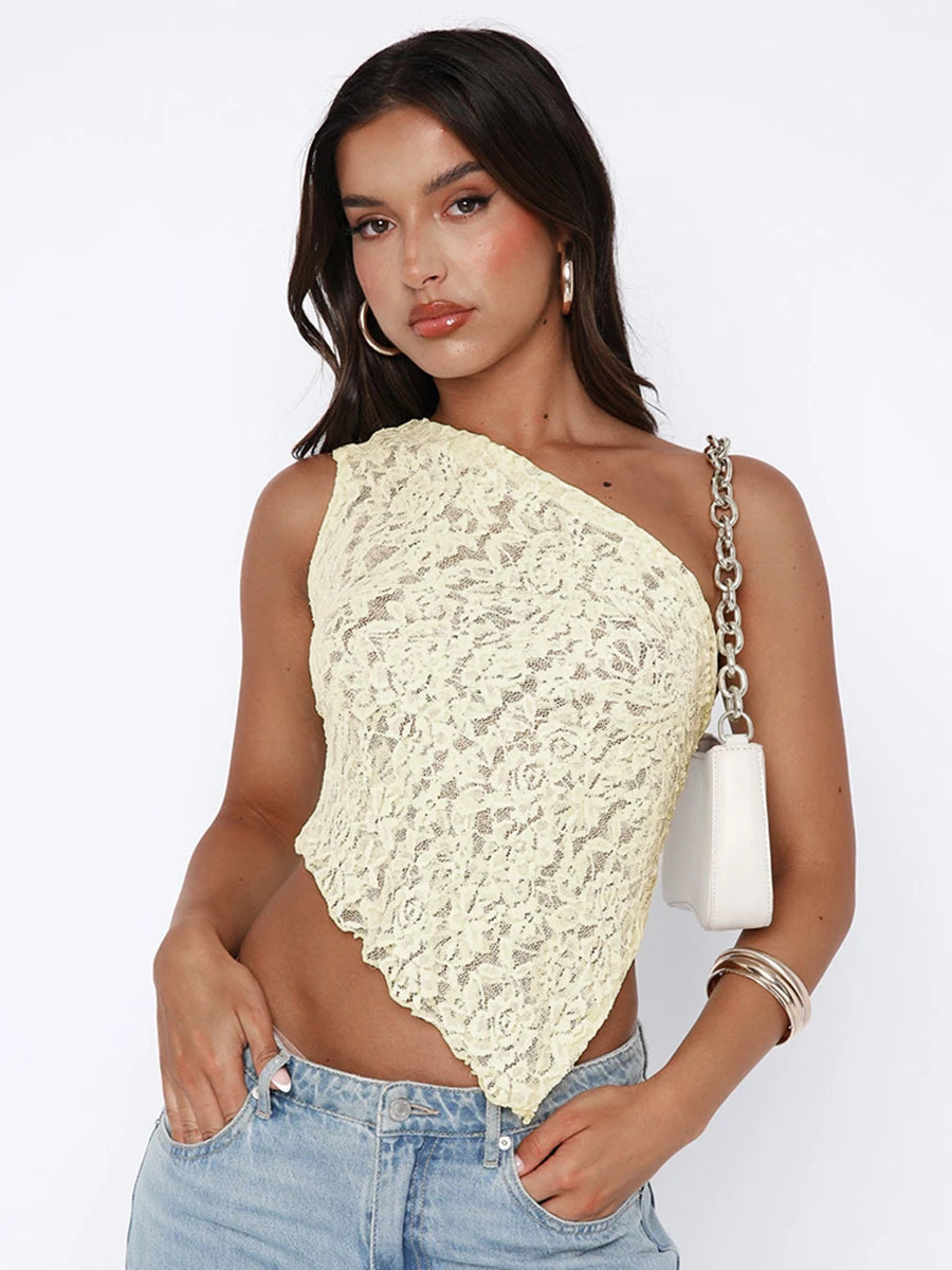 IMIEMIE Cutenova Lace Slant Neck Off Shoulder Irregular Hem Top Sexy See Through Solid Color One Shoulder Sleeveless Crop Backless Top