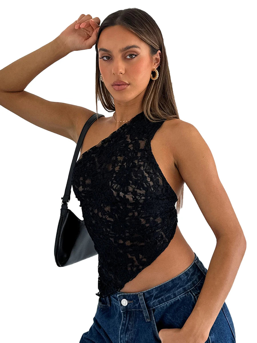 IMIEMIE Cutenova Lace Slant Neck Off Shoulder Irregular Hem Top Sexy See Through Solid Color One Shoulder Sleeveless Crop Backless Top