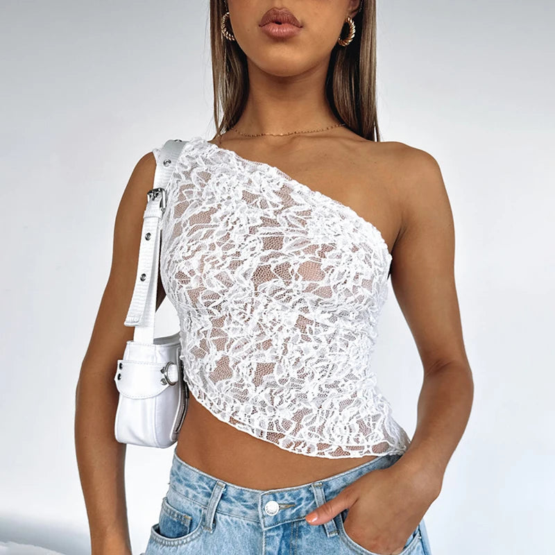 IMIEMIE Cutenova Lace Slant Neck Off Shoulder Irregular Hem Top Sexy See Through Solid Color One Shoulder Sleeveless Crop Backless Top