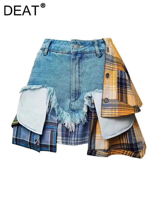 IMIEMIE DEAT Fashion Women's Denim Skirt Colored Plaid Patchwork Irregular Deconstructed A-line High Waist Mini Skirts Summer 2024 New