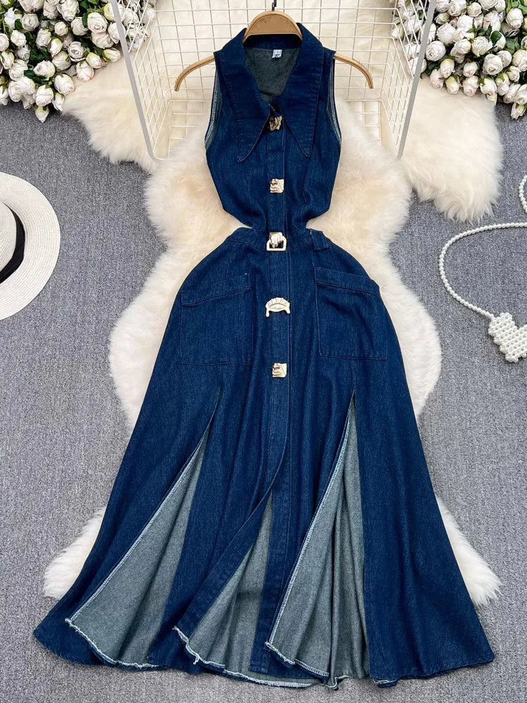 IMIEMIE DEAT Trendy Fashion Women's Metal Buckle Waist Hollow Out Denim Dress 2024 Spring Lapel Sleeveless Split Dresses Female 33A1196