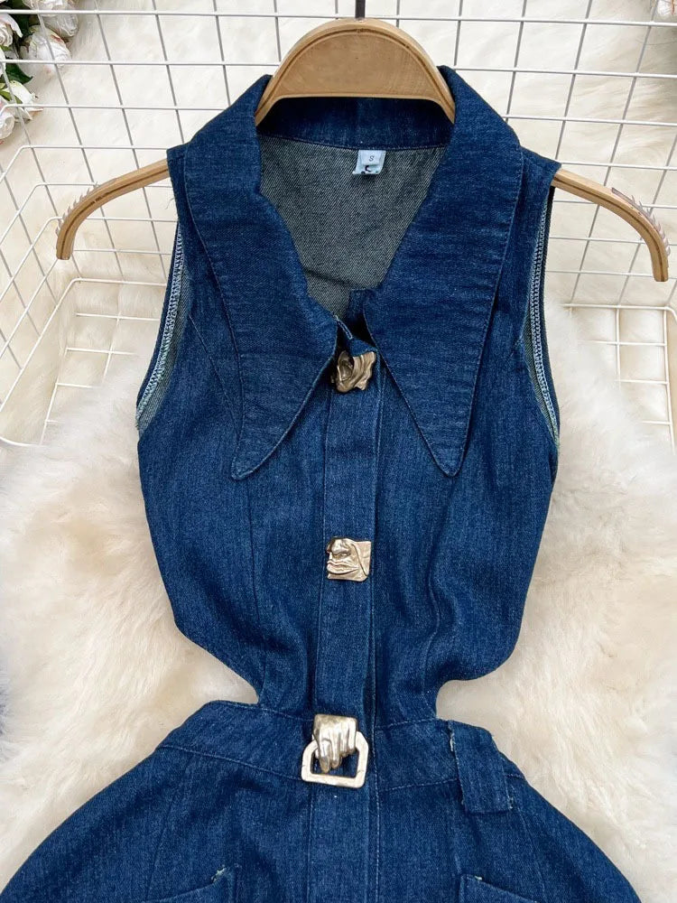 IMIEMIE DEAT Trendy Fashion Women's Metal Buckle Waist Hollow Out Denim Dress 2024 Spring Lapel Sleeveless Split Dresses Female 33A1196