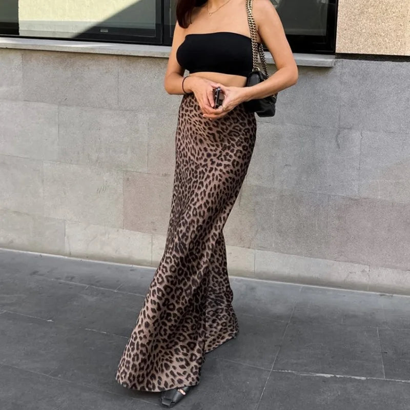 IMIEMIE DEEPTOWN Vintage Long Leopard Skirt Women Sexy Streetwear High Waist A-line Slim Print Maxi Mermaid Skirt Summer Party Club