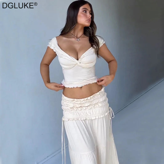 IMIEMIE DGLUKE Fashion Summer Outfits For Women Crop Top And Long Skirt 2 Piece Set Women Beach Holiday Outfit 2024 New In Matching Sets