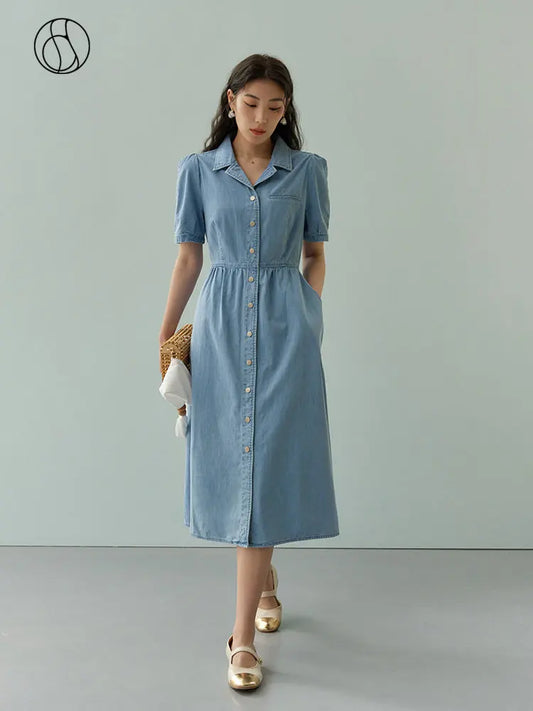 IMIEMIE DUSHU Commuting Retro Style Slim Waist Denim Dress for Women Summer Chic 100% Cotton Single Breasted Simple Long Dress Female