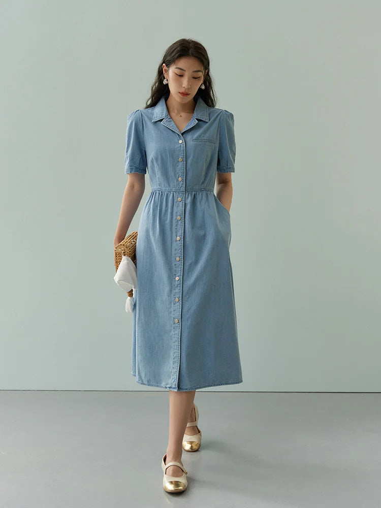 IMIEMIE DUSHU Commuting Retro Style Slim Waist Denim Dress for Women Summer Chic 100% Cotton Single Breasted Simple Long Dress Female