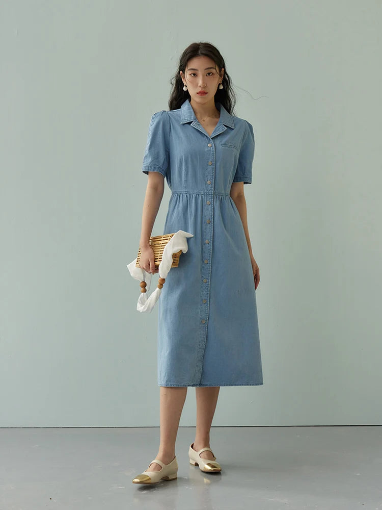 IMIEMIE DUSHU Commuting Retro Style Slim Waist Denim Dress for Women Summer Chic 100% Cotton Single Breasted Simple Long Dress Female