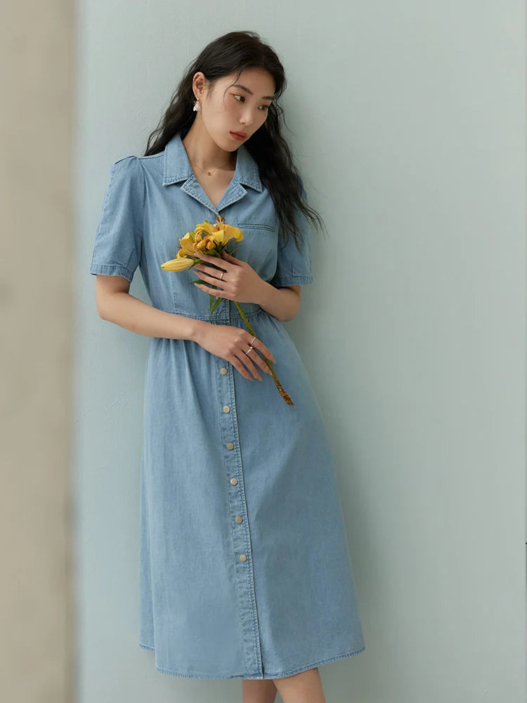 IMIEMIE DUSHU Commuting Retro Style Slim Waist Denim Dress for Women Summer Chic 100% Cotton Single Breasted Simple Long Dress Female