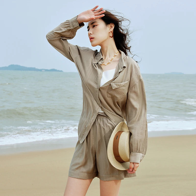 IMIEMIE DUSHU Plus Size Women Summer Suit Thin Loose Khaki Green Shirt Suits Full Length Blouse+Shorts Sets 24DS82126+24DS82127