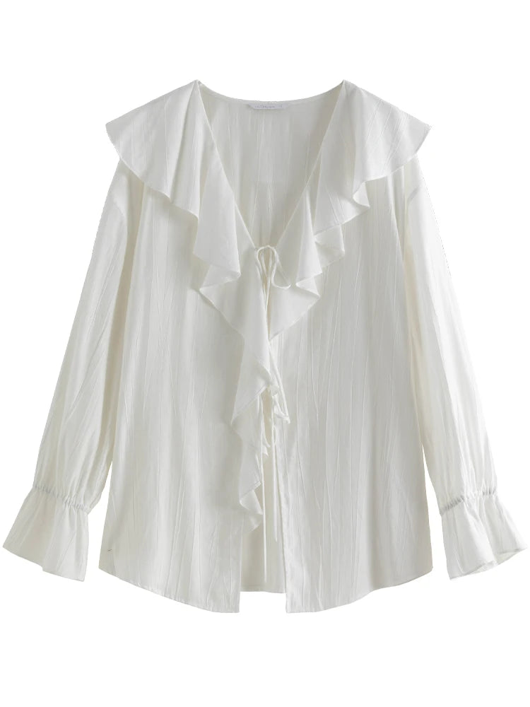 IMIEMIE DUSHU Ruffled White Women Loose Shirt Summer Sun Protecting Long Sleeve Blouses Lace Up Female Solid Blouse Tops 24DS82586