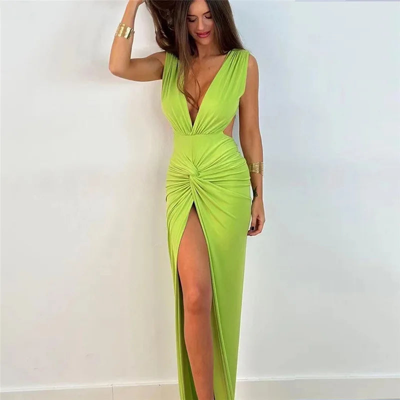 IMIEMIE Deep V Hollow Out Sexy Dress for Women, High Split Sleeveless, Elegant Chic Holiday Maxi Dresses, Summer Casual Outfits