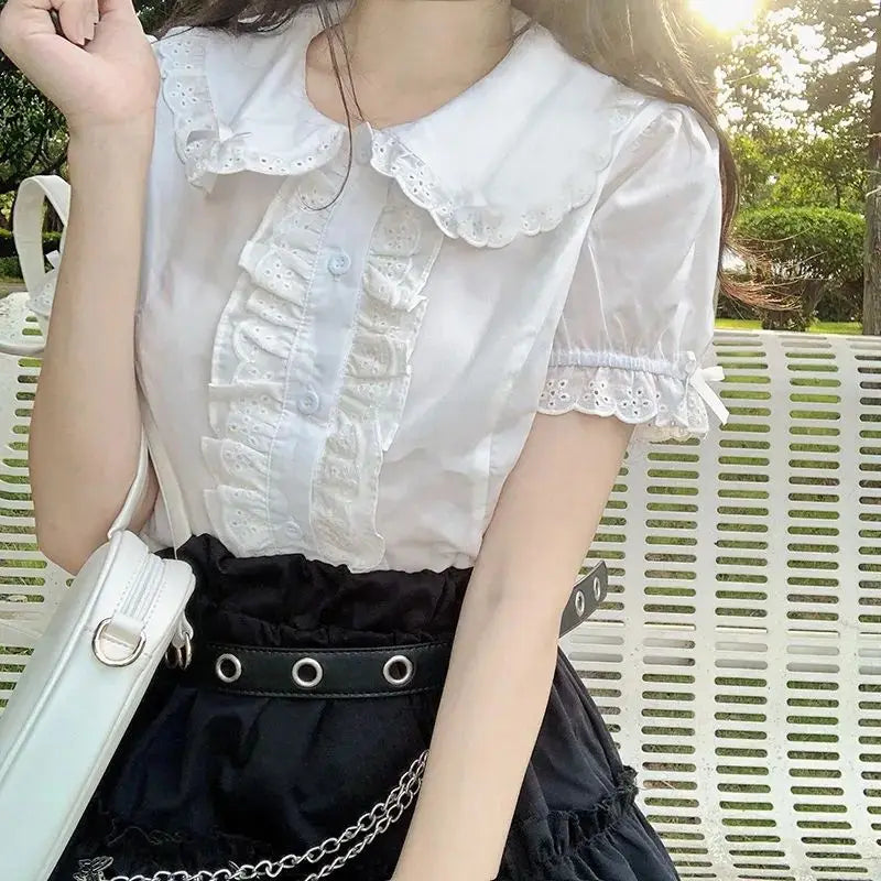 IMIEMIE Deeptown Kawaii Lolita Blouses White Women Cute Lace Tops Ruffle Shirts Vintage Puff Sleeve Japanese Preppy Style Sweet Tops