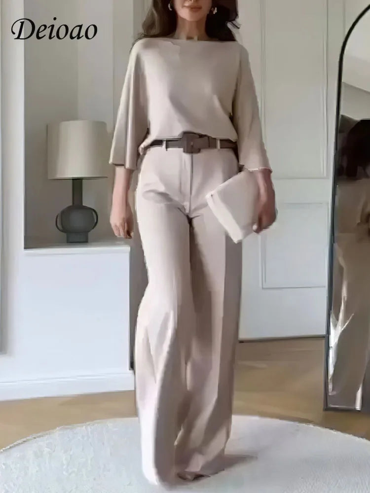 IMIEMIE Deioao Office 2-piece Set Tops And Pants For Women's  Summer Halft Sleeve Beige Slim Elegant Fashion Female Clothing Wide Pant