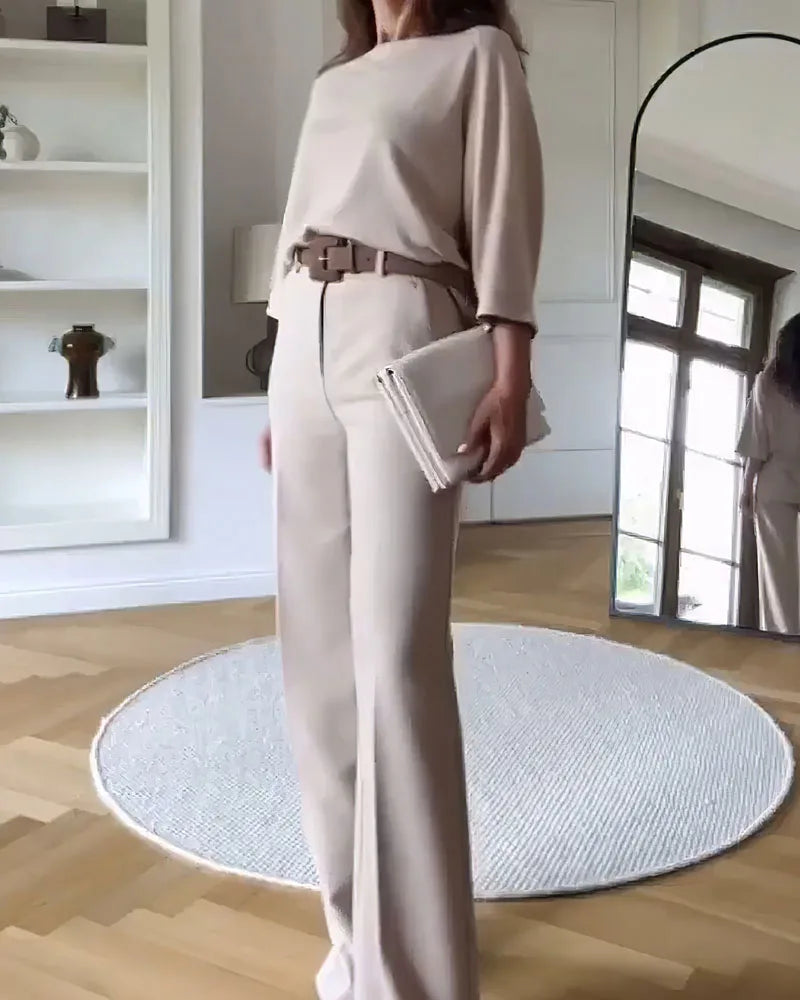 IMIEMIE Deioao Office 2-piece Set Tops And Pants For Women's  Summer Halft Sleeve Beige Slim Elegant Fashion Female Clothing Wide Pant