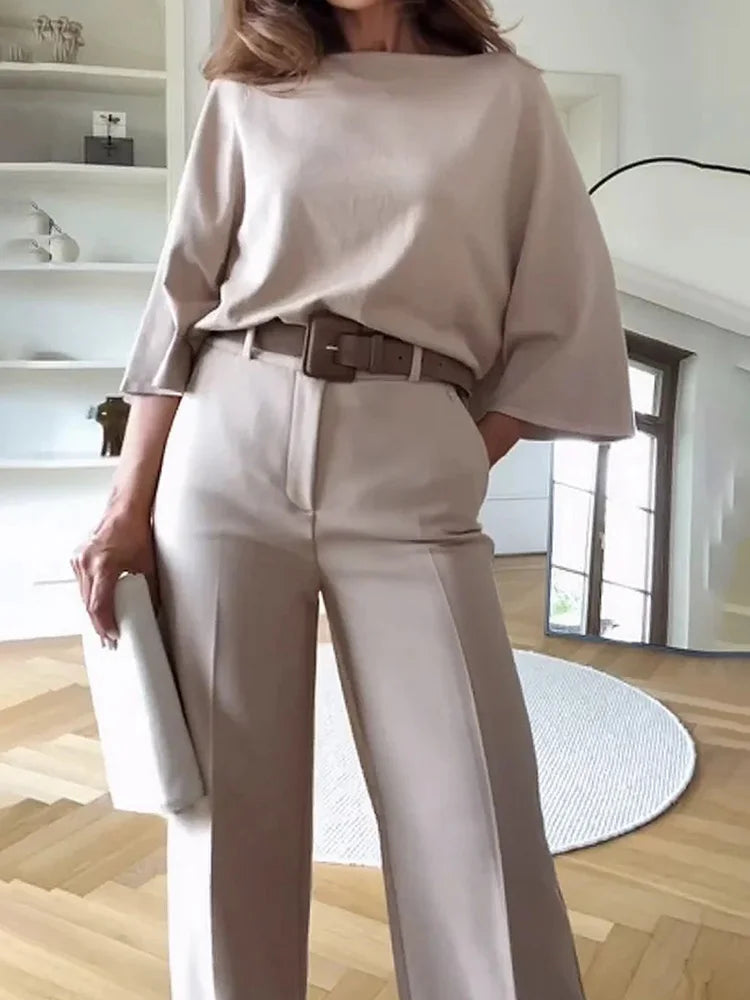 IMIEMIE Deioao Office 2-piece Set Tops And Pants For Women's  Summer Halft Sleeve Beige Slim Elegant Fashion Female Clothing Wide Pant