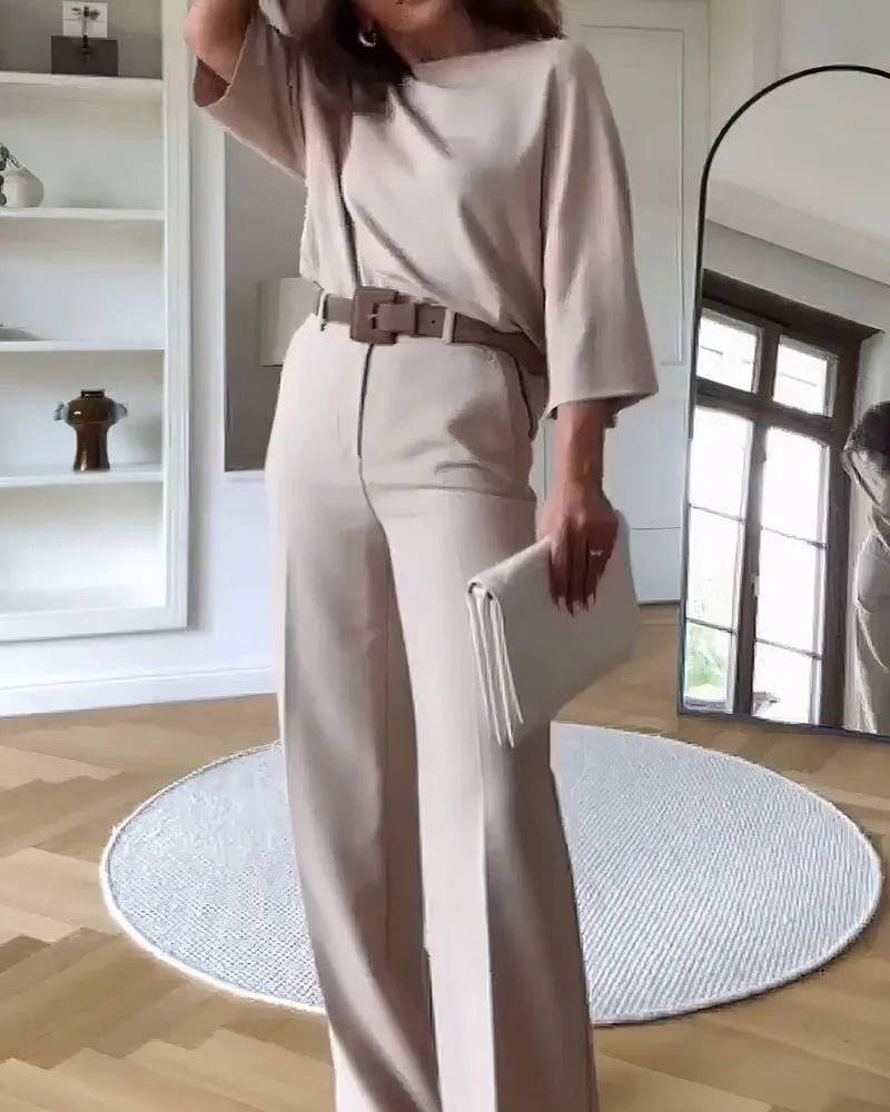 IMIEMIE Deioao Office 2-piece Set Tops And Pants For Women's  Summer Halft Sleeve Beige Slim Elegant Fashion Female Clothing Wide Pant