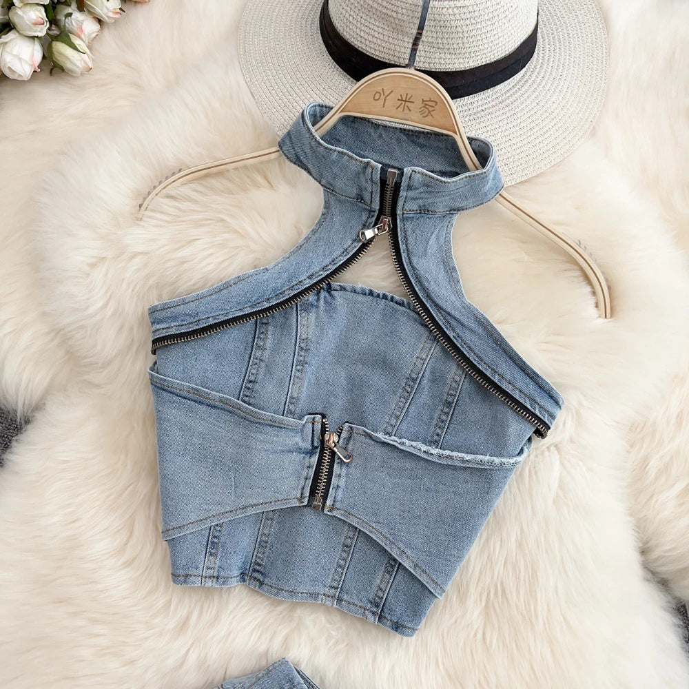 IMIEMIE Denim Short Skirts Sets For Women Halter Neck Hollow Out Backless Zipper Sexy Tops + Shorts Jeans 2 Pieces Set Suits