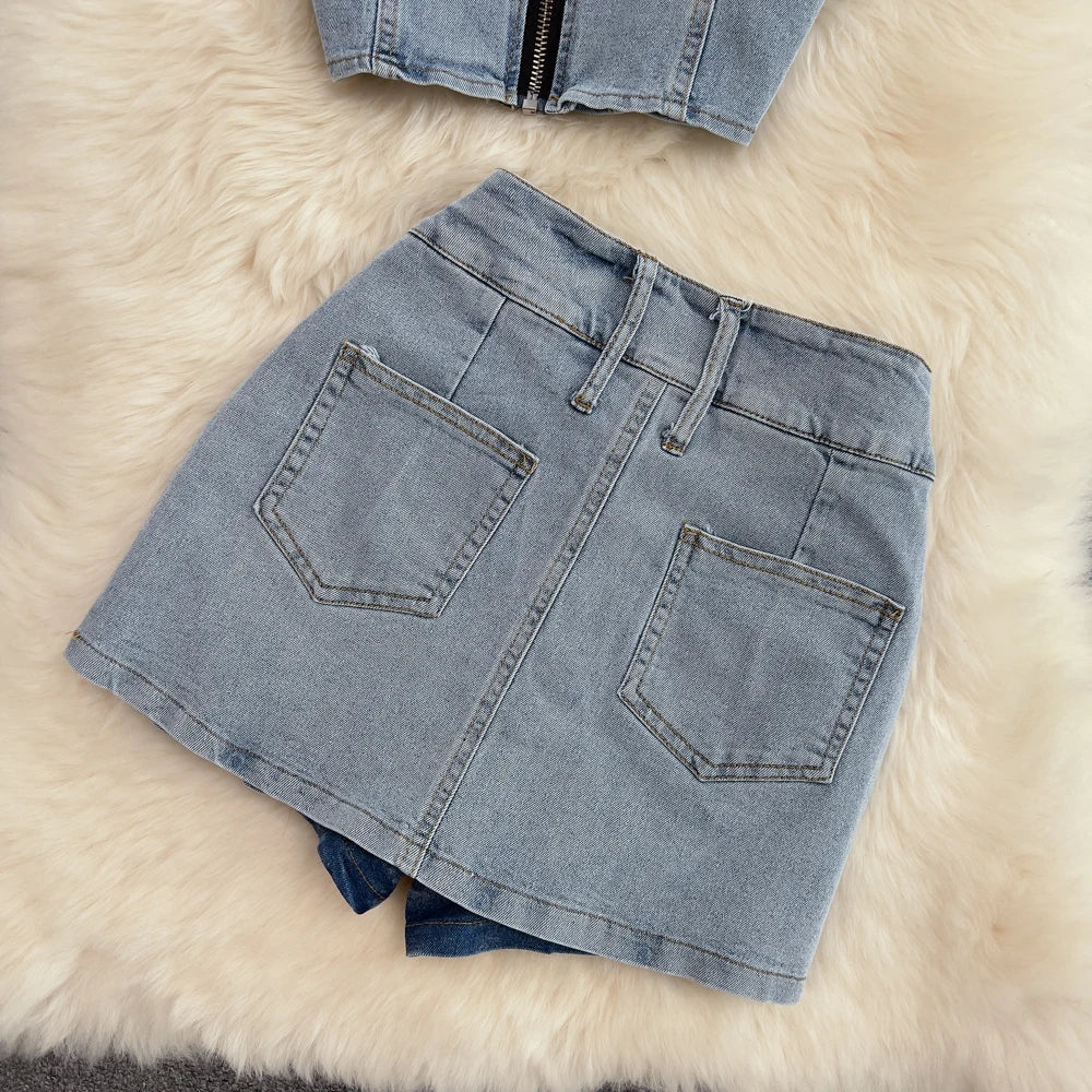 IMIEMIE Denim Short Skirts Sets For Women Halter Neck Hollow Out Backless Zipper Sexy Tops + Shorts Jeans 2 Pieces Set Suits