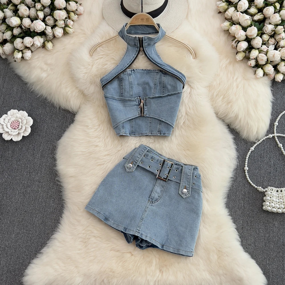 IMIEMIE Denim Short Skirts Sets For Women Halter Neck Hollow Out Backless Zipper Sexy Tops + Shorts Jeans 2 Pieces Set Suits