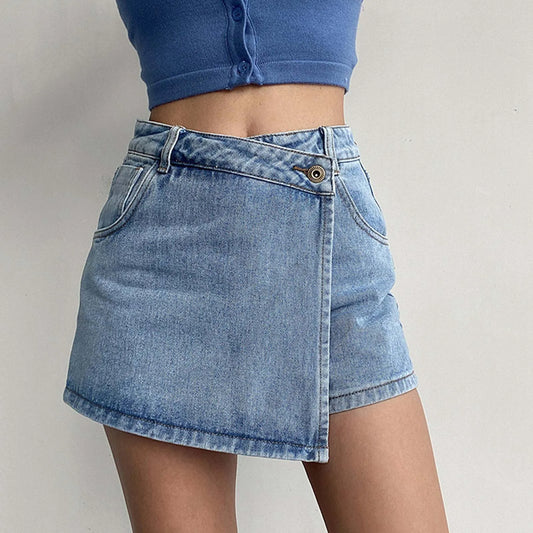 IMIEMIE Denim Skirt Shorts Women Y2K Casual Summer Solid High Waist Shorts Asymmetrical A-Line Female Streetwear Jean Mini Skirts Shorts