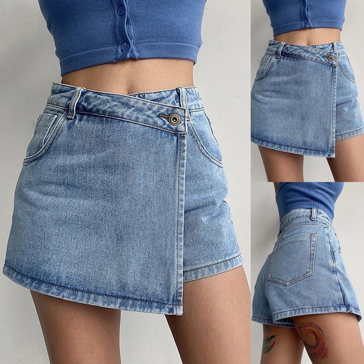 IMIEMIE Denim Skirt Shorts Women Y2K Casual Summer Solid High Waist Shorts Asymmetrical A-Line Female Streetwear Jean Mini Skirts Shorts