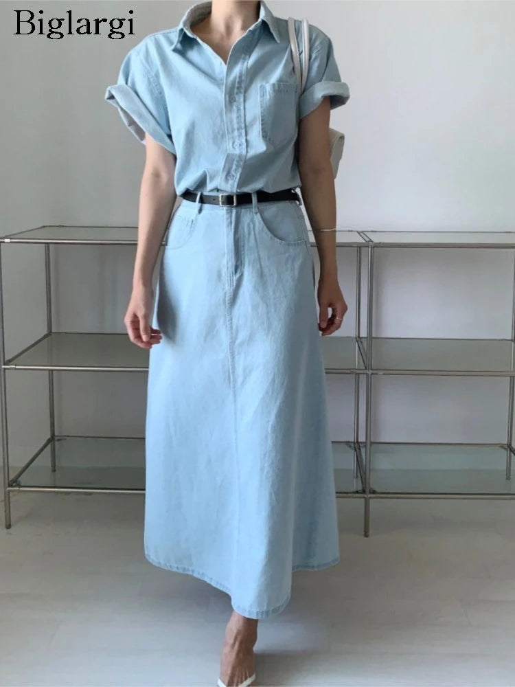 IMIEMIE Denim Summer 2 Two Piece Set Women Fashion Casual Ladies Cropped Shirts Blouse Split Korean Loose Pleated Woman Long Skirts