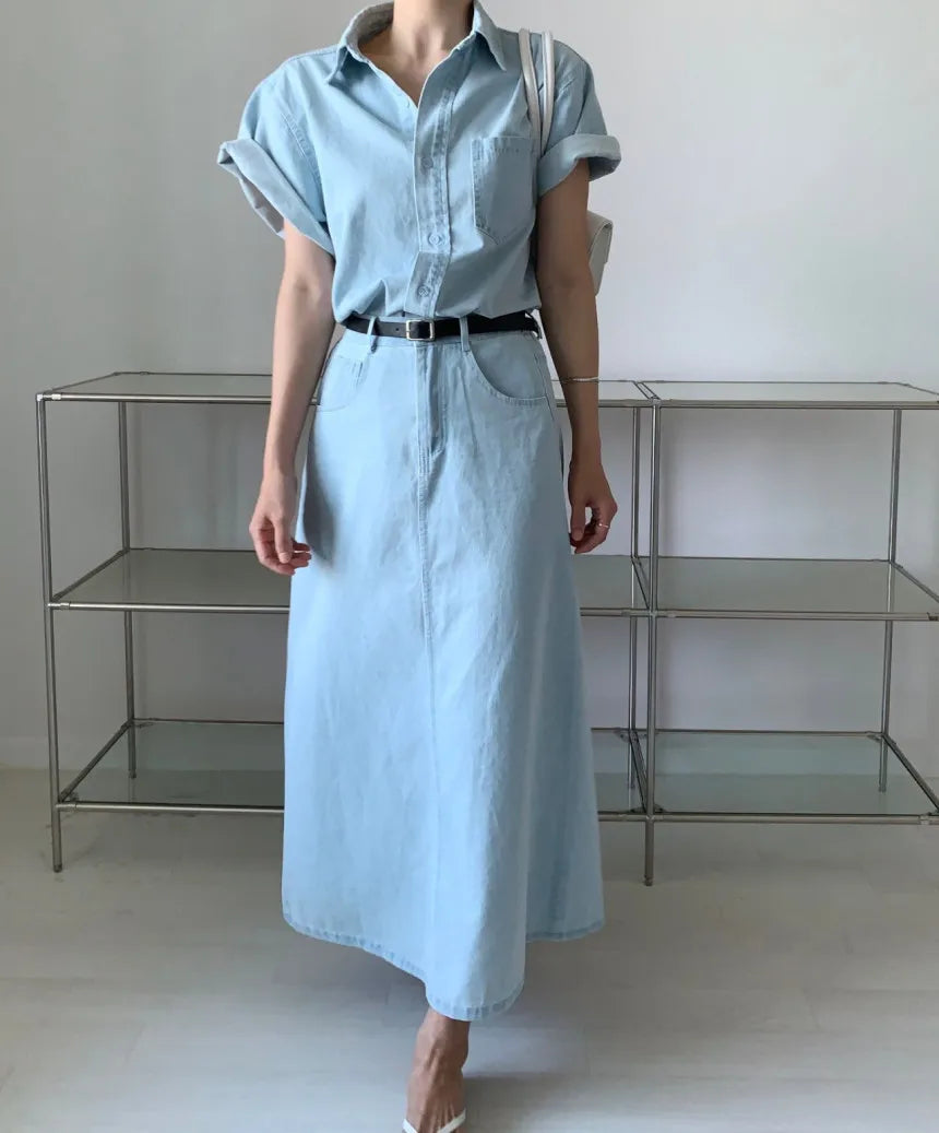 IMIEMIE Denim Summer 2 Two Piece Set Women Fashion Casual Ladies Cropped Shirts Blouse Split Korean Loose Pleated Woman Long Skirts