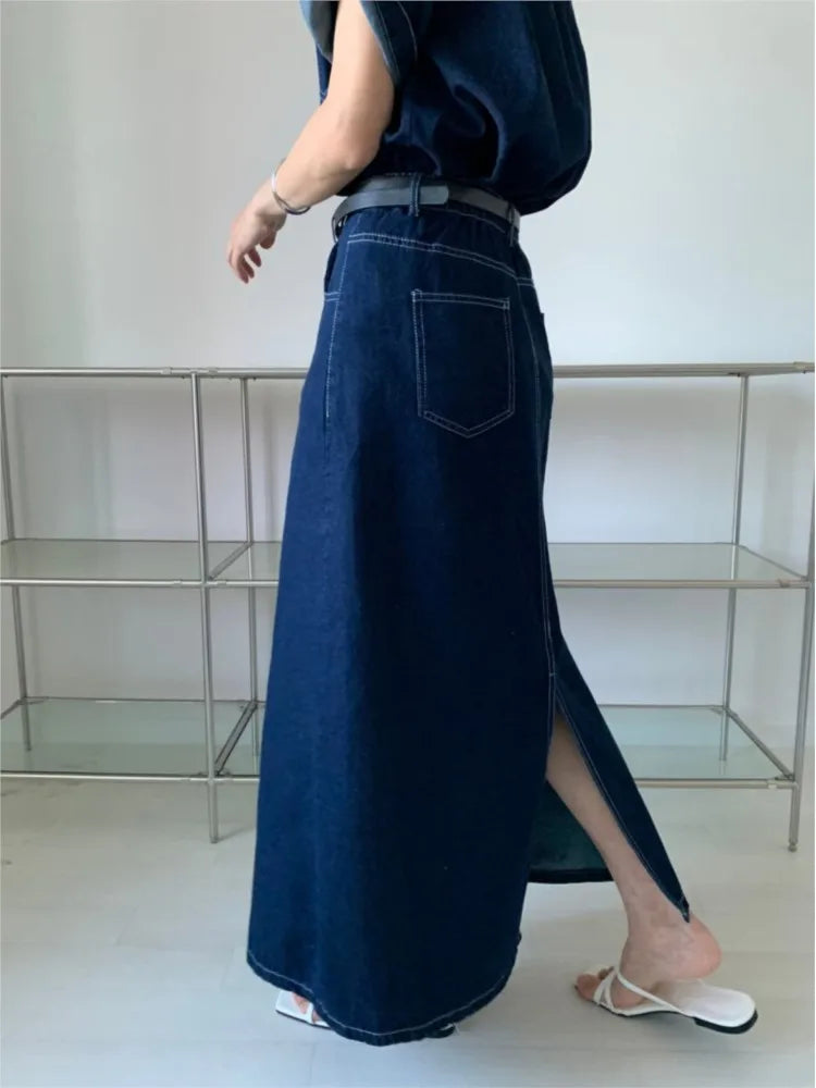 IMIEMIE Denim Summer 2 Two Piece Set Women Fashion Casual Ladies Cropped Shirts Blouse Split Korean Loose Pleated Woman Long Skirts