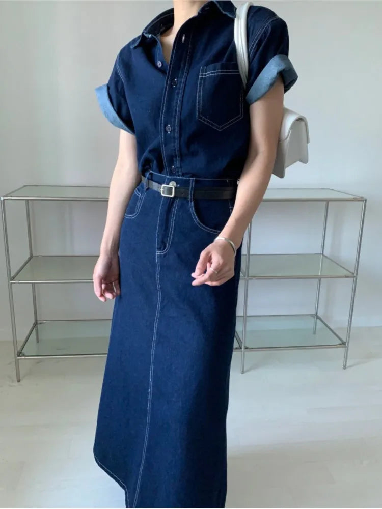 IMIEMIE Denim Summer 2 Two Piece Set Women Fashion Casual Ladies Cropped Shirts Blouse Split Korean Loose Pleated Woman Long Skirts