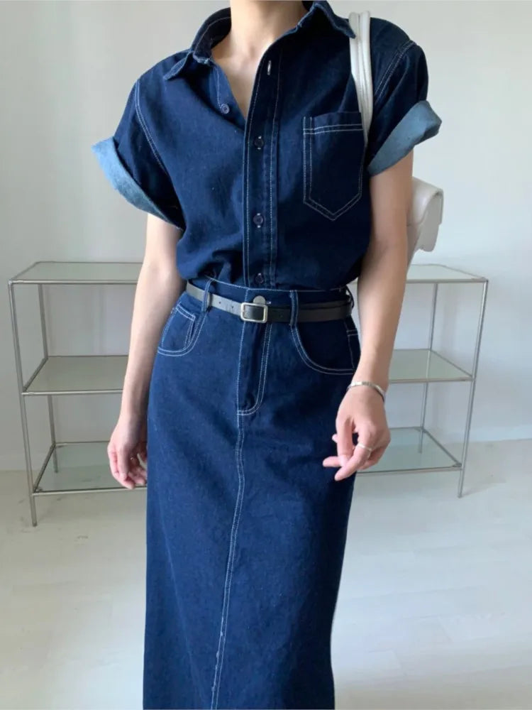 IMIEMIE Denim Summer 2 Two Piece Set Women Fashion Casual Ladies Cropped Shirts Blouse Split Korean Loose Pleated Woman Long Skirts