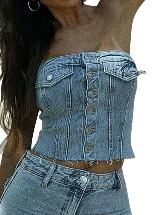 IMIEMIE Denim Vest Tank Tops Women Off Shoulder Street Casual Party Street Fall Buttons Short Wrap Chest Denim Camisoles For Women