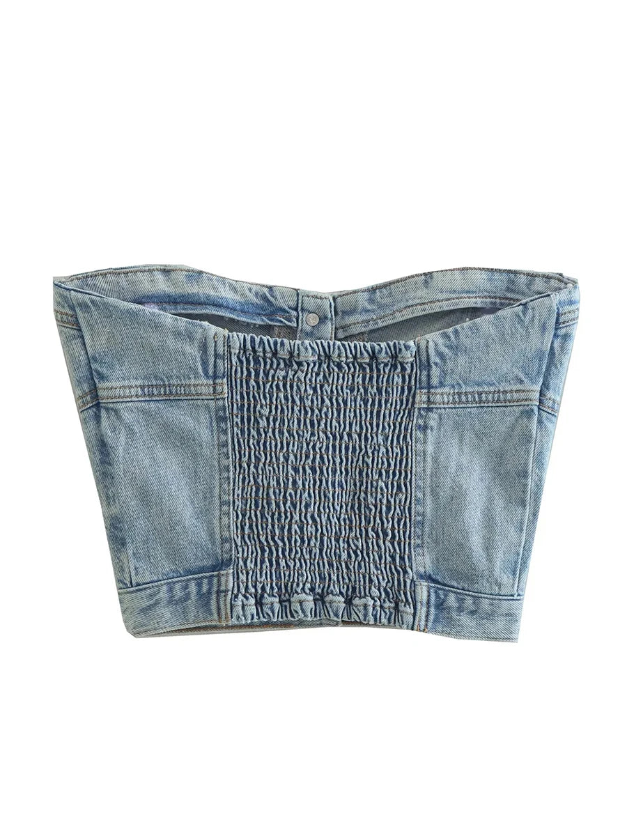 IMIEMIE Denim Vest Tank Tops Women Off Shoulder Street Casual Party Street Fall Buttons Short Wrap Chest Denim Camisoles For Women