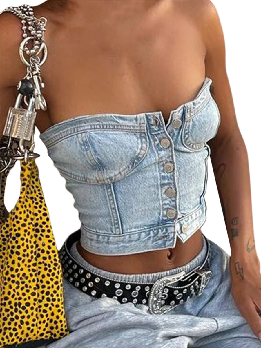 IMIEMIE Denim Vest Tank Tops Women Off Shoulder Street Casual Party Street Fall Buttons Short Wrap Chest Denim Camisoles For Women