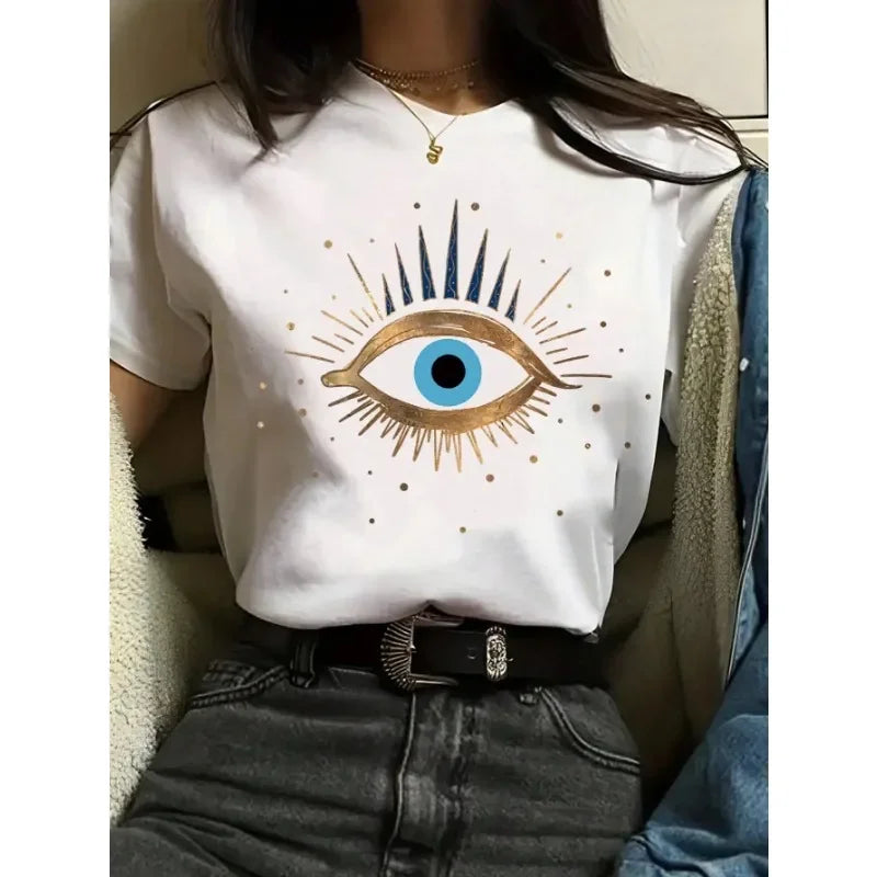 IMIEMIE Devil's Eye Printed Tee Shirts 100% Cotton Womens Crop T-shirts O-Neck Short Sleeves Casual Loose Clothes Fashion Female Tops