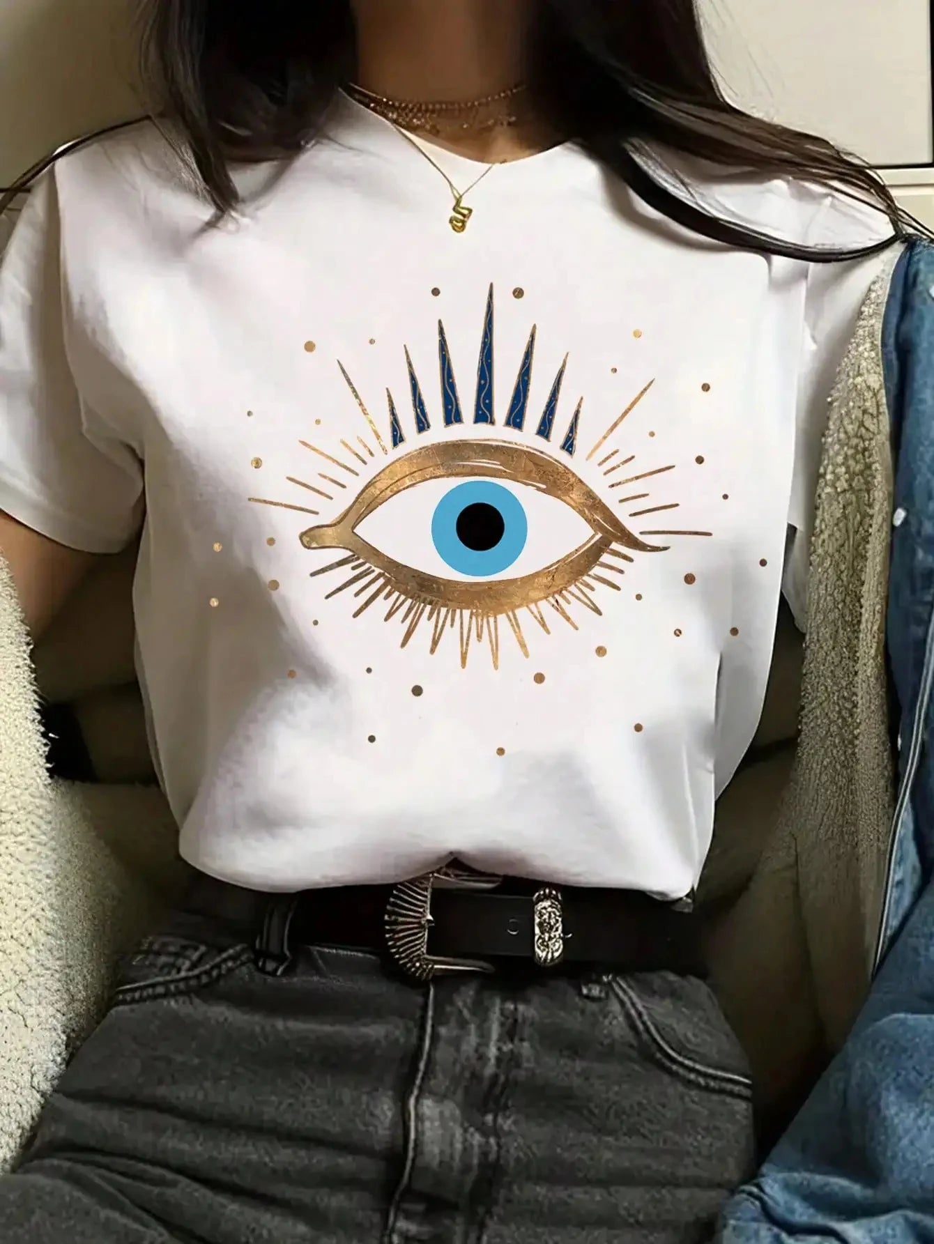 IMIEMIE Devil's Eye Printed Tee Shirts 100% Cotton Womens Crop T-shirts O-Neck Short Sleeves Casual Loose Clothes Fashion Female Tops