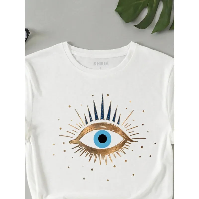 IMIEMIE Devil's Eye Printed Tee Shirts 100% Cotton Womens Crop T-shirts O-Neck Short Sleeves Casual Loose Clothes Fashion Female Tops