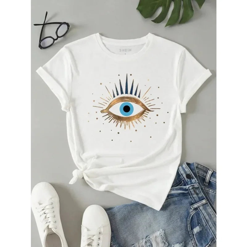 IMIEMIE Devil's Eye Printed Tee Shirts 100% Cotton Womens Crop T-shirts O-Neck Short Sleeves Casual Loose Clothes Fashion Female Tops