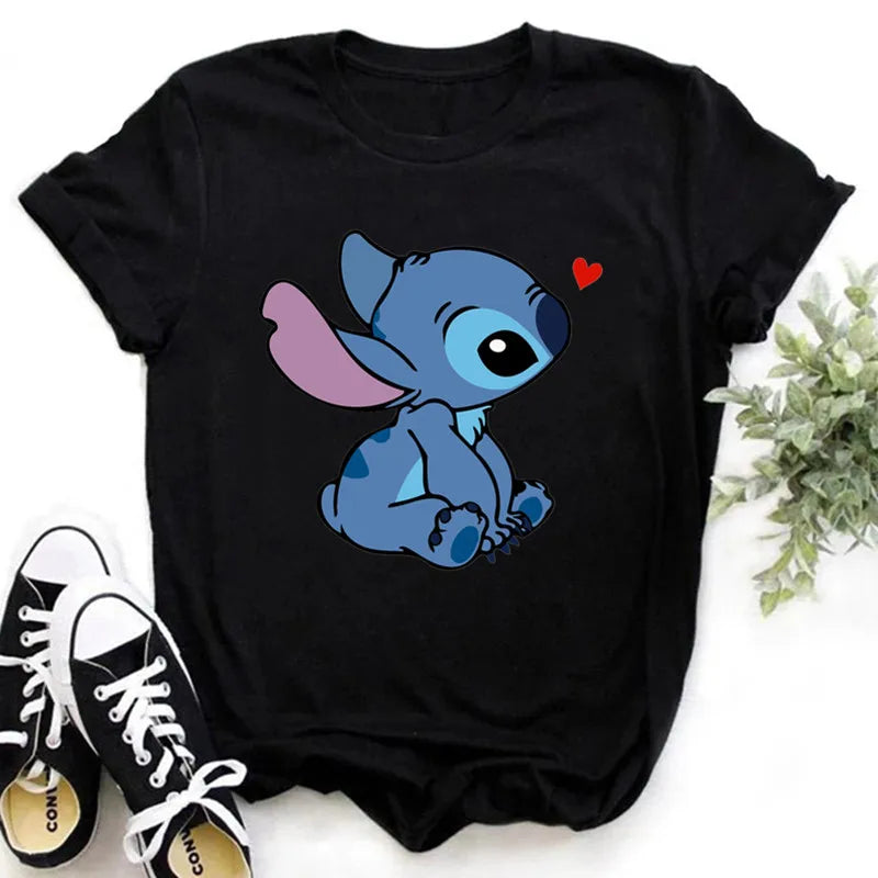 IMIEMIE Disney Lilo Stitch Cartoon T-shirts Tops for Women Lady S-3XL Summer Female T-shirts Black O-neck Ohana Stitch Hot Tees T-shirts