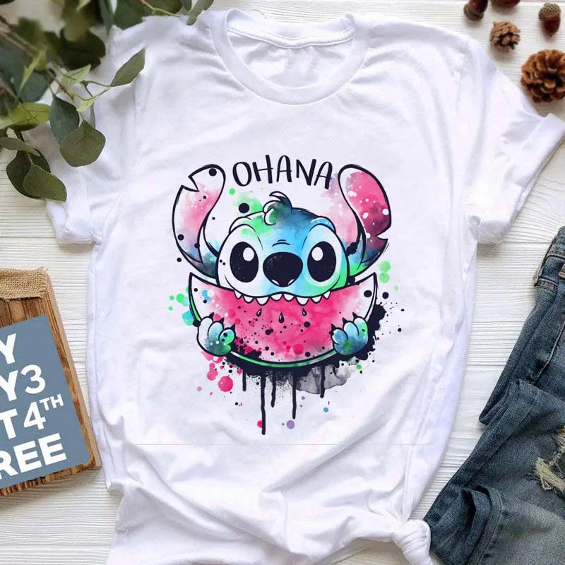 IMIEMIE Disney Lilo Stitch Cartoon T-shirts Tops for Women Lady S-3XL Summer Female T-shirts Black O-neck Ohana Stitch Hot Tees T-shirts