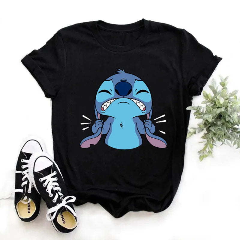 IMIEMIE Disney Lilo Stitch Cartoon T-shirts Tops for Women Lady S-3XL Summer Female T-shirts Black O-neck Ohana Stitch Hot Tees T-shirts